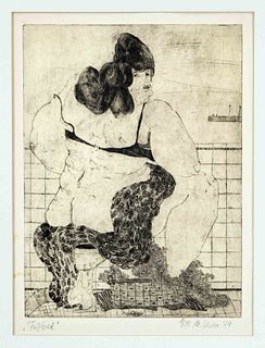 M. Victor, graphic artist c. 1974, ''Foot Bath'', back figure of a corpulent woman on the toilet, etching, signed, dated and numbered ''1/30, M. Victo