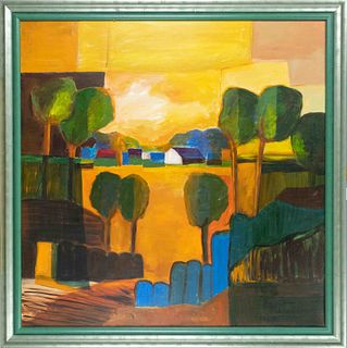 Anonymous painter late 20th century, large, colorful landscape at the edge of the village, oil on canvas, unsigned, 90 x 90 cm, framed 100 x 100 cm