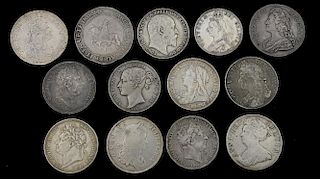George III 1804  silver five shilling dollar, Charles I Crown,  and eleven George III and later silver crowns,