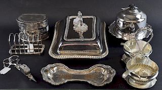 Silver plated tea caddy, entree dish and cover. candle snuffer with tray, toast rack, muffin dish and pair of bowls in a stan
