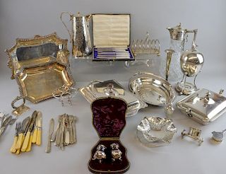 Silver plated cut glass claret jug, tureens and other silver plated items.
