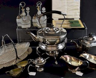 Silver plated tea pot on stand and other items,