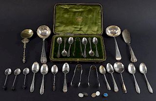George III silver Old English pattern sauce ladle, marks rubbed, and various flatware, various dates and marks, 17oz, 528g,