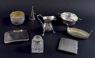 George VI silver two handled cup, Birmingham, 1929, cream jug, candle snuff, oval dish holder, two cigarette case 19oz, 590g,