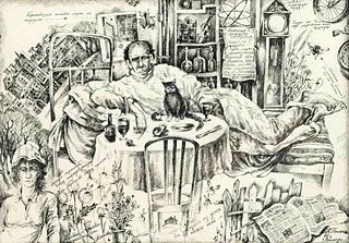 Russian artist c. 1980, man lying in a kitchen, surrounded by numerous sceneries and objects, ink drawing on paper, bottom right Cyrill. signed and da
