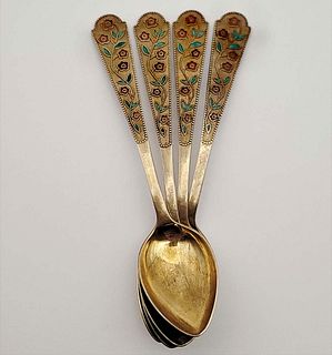 Set Of 4 Russian Silver Gilded 875 Colored Enamel Spoons (91 grams)