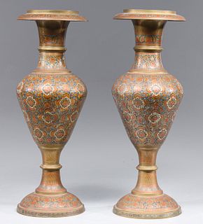 Pair Indian Etched Brass Vases