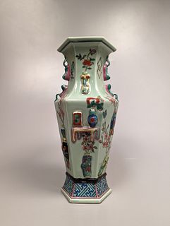 Enameled Porcelain Hexagonal Vase