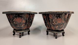 Pair of Black Lacquered Flower Pots with Stands
