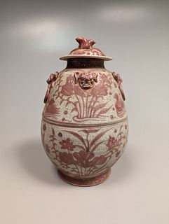 Yuan-Style Underglazed Red Covered Urn