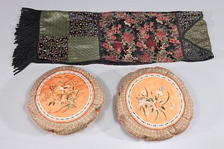 Group of Three Vintage Chinese Silk Scarf and Throw Pillows