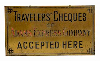 Adams Express Company Travelers Cheques Brass Sign.