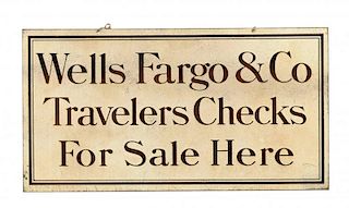 Wells Fargo Travelers Checks Metal Sign.