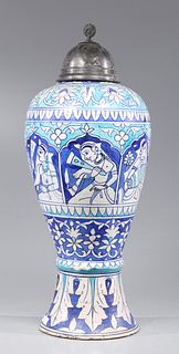 Large Persian Blue on White Covered Urn