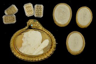 Victorian cameo in gilt metal  serpent mount, and a pair of two colour gold engine turned cufflinks, 9 & 18 ct gold, stamped