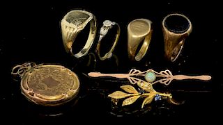 A collection of gold jewellery. Including three  gold signet rings, gold opal bar brooch, sapphire leaf  broochand Victorian