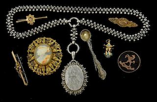 Group of jewellery to include Victorian silver  locket with engraved decoration on fancy link ball and star chain, Royal Kent