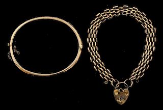 Early 20th C  gold hinged bangle, and a gold gate link  bracelet, both 9 ct