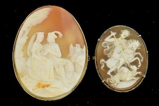 Large cameo depicting a 17th C courting couple in landscape with castle, 6 x 4.5 cm ,unmarked gold mount and another cameo Ge