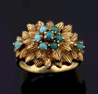 Turquoise set cocktail ring with green and blue stones in a sunflower setting, 18 ct gold