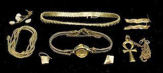 Gold chevron link bracelet, 14 ct, Egyptian gold pendant, stamped marks, 9 ct gold watch and other items