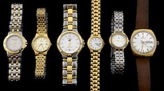 Six wrist watches, Favre-leuba, Raymond Weil, and Seiko, and others