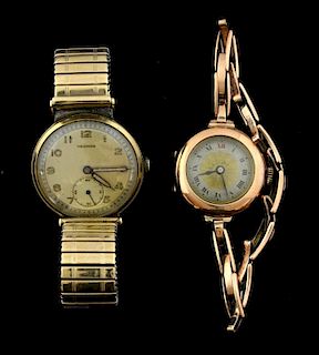 Yeoman gold watch with secondary dial  on expanding gold bracelet, and a gold lady's watch on bar link bracelet, 9 ct