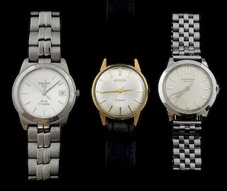 Group of three gentleman's watches including a Movado automatic stainless steel bracelet watch, Tissot PR 50 titanium watch a