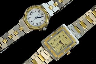 Lady's Cartier Santos gold and steel automatic watch, octagonal case, white dial with roman numerals ref ac 9.80 together wit