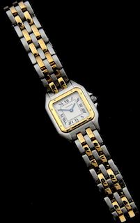 Lady's Cartier Panthere Steel and gold bracelet watch, square dial with black Roman numerals and blue steel hands, sapphire c