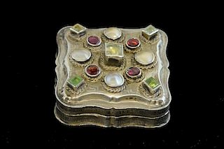 Gem set white metal hinged  box with half pearl green and red stones, gilt interior, 5 x 5cm