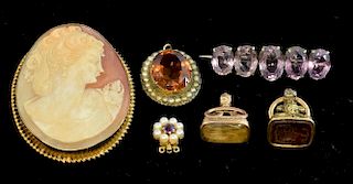 Collection of jewellery, large cameo brooch in gold mount,  citrine brooch, two seal  fobs one with intaglio cut heraldic sea