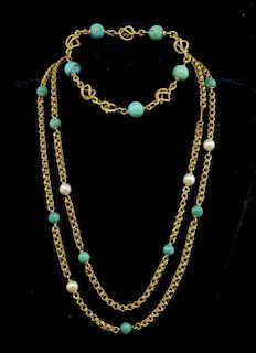 Pearl, Amazonite and gold link necklace, tested as 18ct with a 18ct gold and turquoise link bracelet