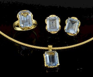 Suite of gold  jewellery, necklace, earrings and ring, set with blue synthetic spinel in 18 ct gold