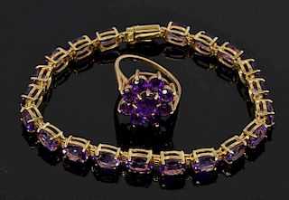 Amethyst set line bracelet, set with oval cut stones, and a flower head cluster ring, 9 ct gold
