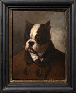  PORTRAIT OF AMERICAN BULLDOG SMOKING A PIPE OIL PAINTING