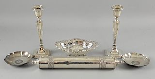 Pair of silver candle sticks, Birmingham 1921, 20cm,  pierced bon-bon dish and pair of dishes with inset coin, both marked St