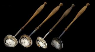 Set of four Victorian Scottish silver tot ladles with turned wooden handles, by David Taylor, Glasgow, 1848,