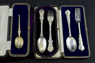 Victorian silver christening spoon and fork engraved with birds, by George Angel, London, 1877, in leather case, another silv