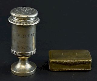 19th century silver pepperette, marks rubbed, 2.7oz, 86g, and a snuff box with rubbed marks,