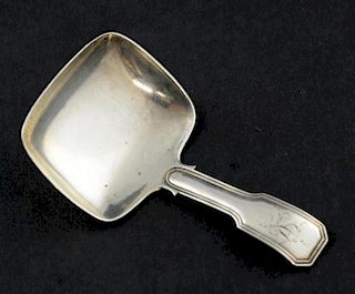George III caddy spoon of rectangular form, Birmingham 1818, maker Joseph Willmore, .35ozt/ 11g,