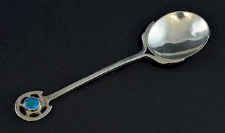 Art Nouveau silver spoon with wheel and enamel decoration to the top, Birmingham 1894, makers mark partially rubbed, .72ozt/ 
