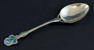 Art Nouveau silver spoon with enamel decoration to top, London 1903, makers mark partially rubbed, 33.4g/ 1.07ozt,