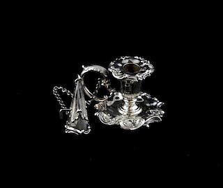 Victorian silver chamberstick and snuffer with embossed decoration, by Henry Wilkinson & Co., Sheffield, 1838, 2.1oz, 67g,