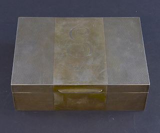 Modern silver cigarette box with engine turned decoration, by Edward Barnard & Sons Ltd., London, 1958, 18cm wide,