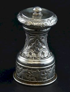 Victorian silver pepper mill with embossed floral decoration, maker's mark rubbed, London, 1895,