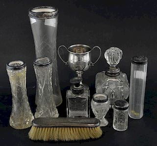 Edward VII silver mounted and cut glass scent bottle and cover, London 1903, a quantity of other sundry glass with silver col