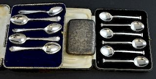 Cased set of six George VI silver seal top coffee spoons, Birmingham 1939, makers W H Haseler Ltd., four silver hockey spoons