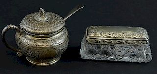 Victorian silver mustard pot with embossed decoration, by Barnard Brothers, London, 1875, with silver plated spoon and a cut 