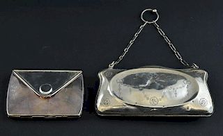 George V ladies silver evening purse with fitted leather interior, maker's mark rubbed, Birmingham, 1915, and a silver plated